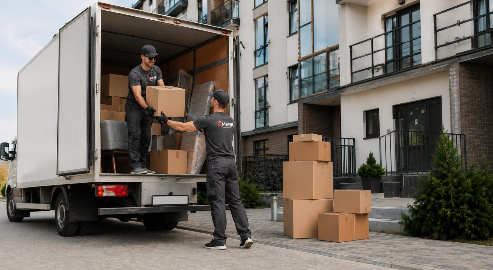 Umzüge mit Merk Team von Merk Umzüge & Wohnungsauflösungen vor dem Umzugs-Lkw
